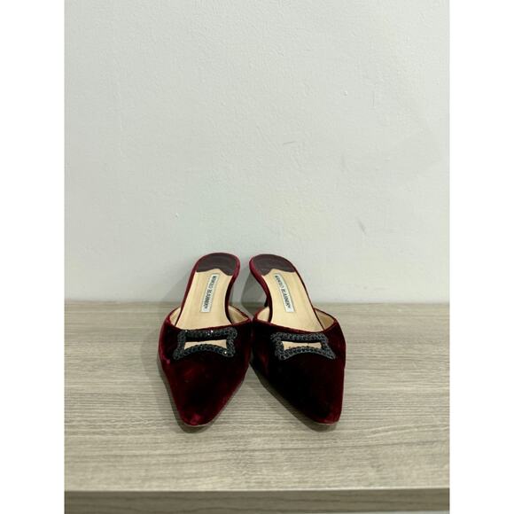 Manolo Blahnik Velvet Pointy Toe Crystal Kitten Heel Mules Red Women 38 / US 8 - Picture 4 of 8
